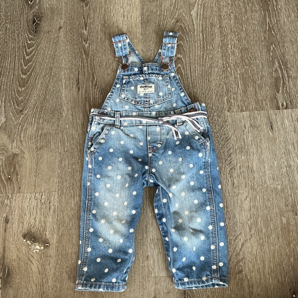 OshKosh B'gosh‎ Denim Bib Overalls White Polka Dots Belt Snap Bottom Girls 9M